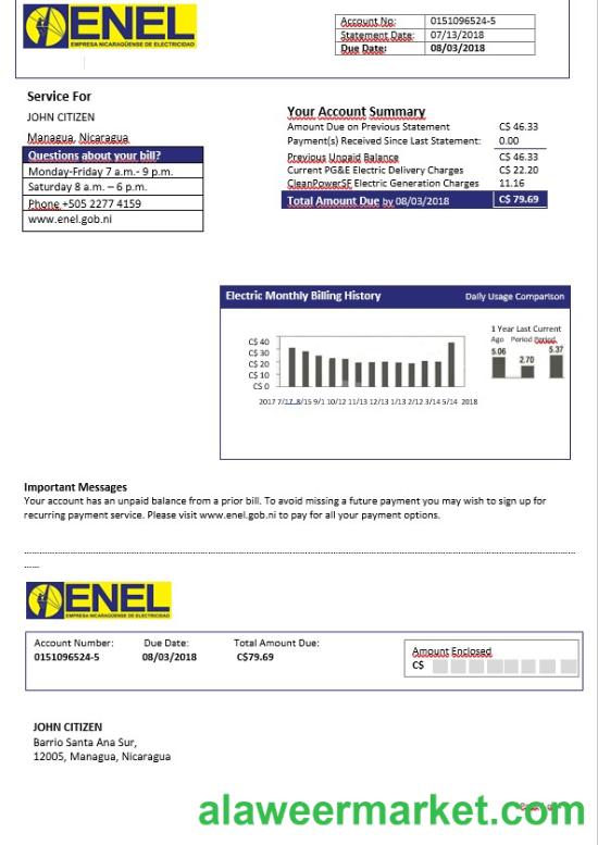 Nicaragua Nicaraguan Electricity Company ENEL electricity bill template in Word format